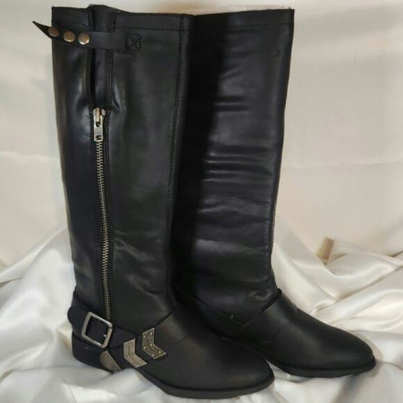 Arturo Chiang $159 Size 8 Black Leather Adjustable Silver Buckle Riding Boots - Picture 1 of 12